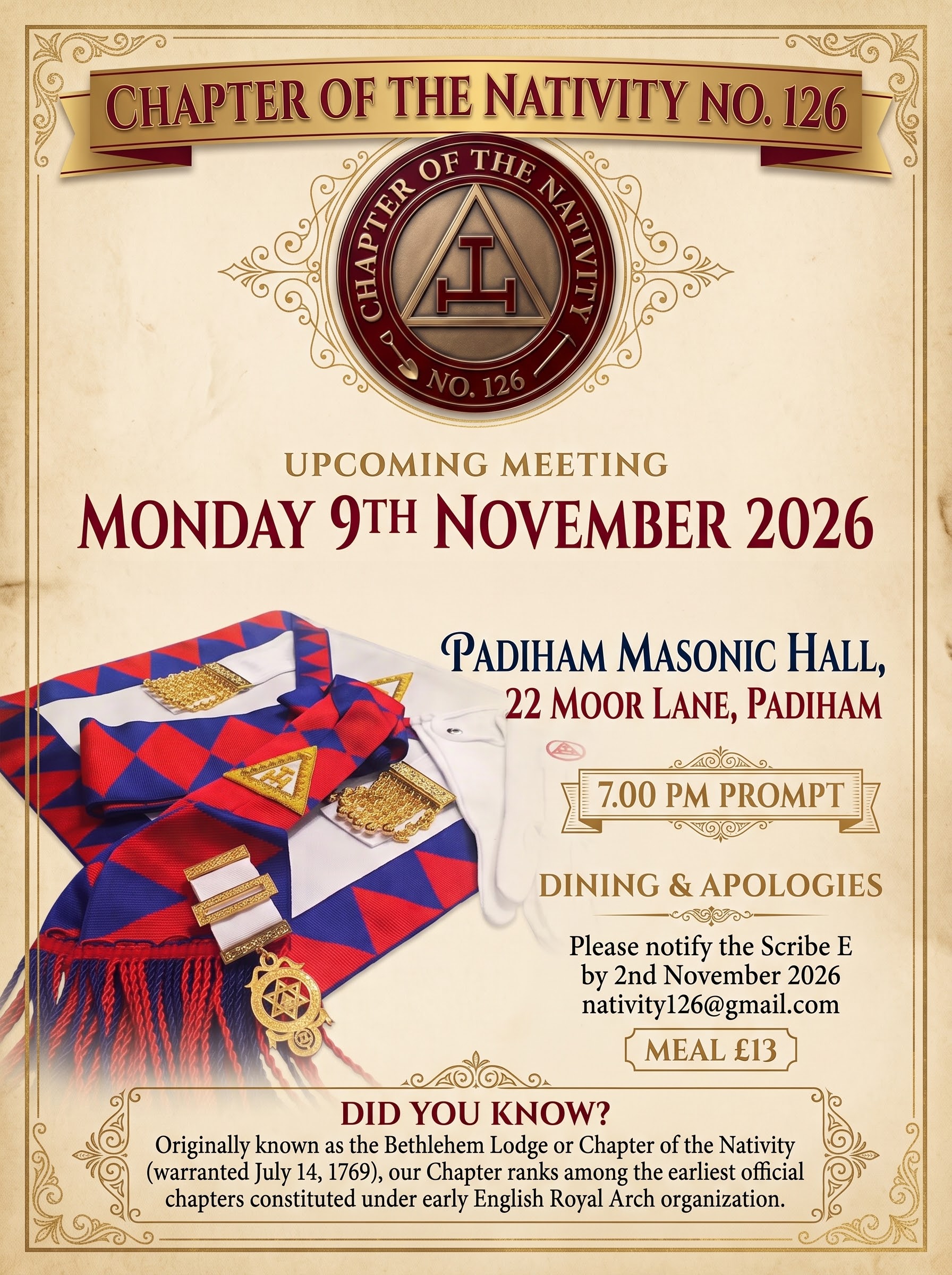 Chapter of the Nativity No. 126 upcoming meeting, Monday 9 November 2026 at 7:00 pm prompt, Padiham Masonic Hall, 22 Moor Lane. Meal £13. Dining and apologies to nativity126@gmail.com by 2 November 2026.