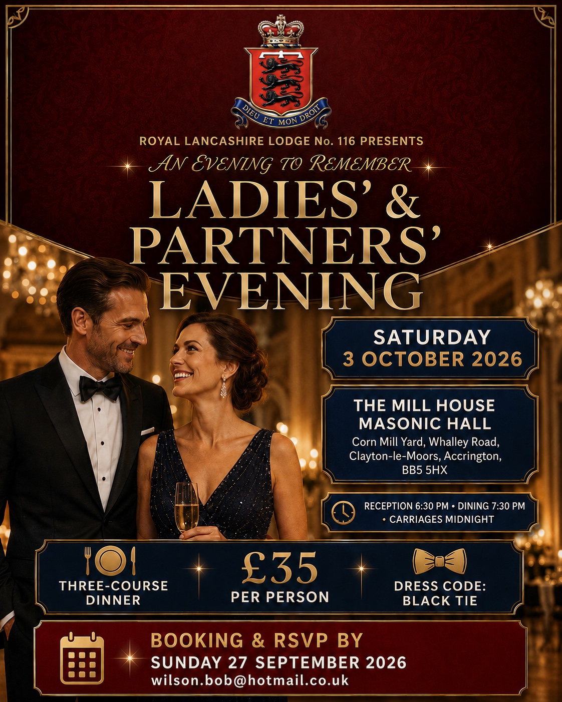 Royal Lancashire Lodge No. 116 Ladies’ and Partners’ Evening on Saturday 3 October 2026 at The Mill House Masonic Hall, Clayton-le-Moors